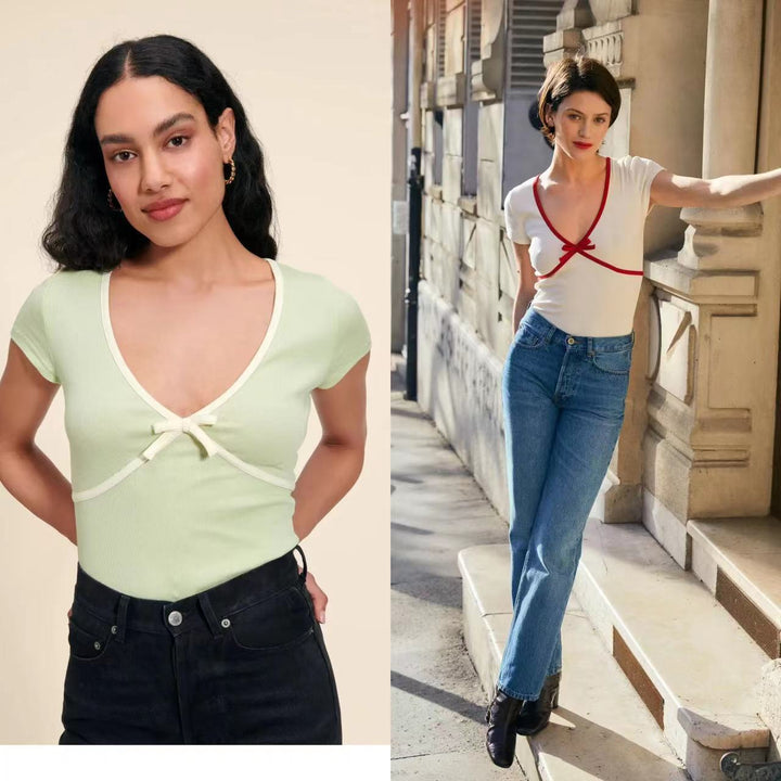 Dame T-shirt med dyb V-udskæring og dekorativt bånd Stilla