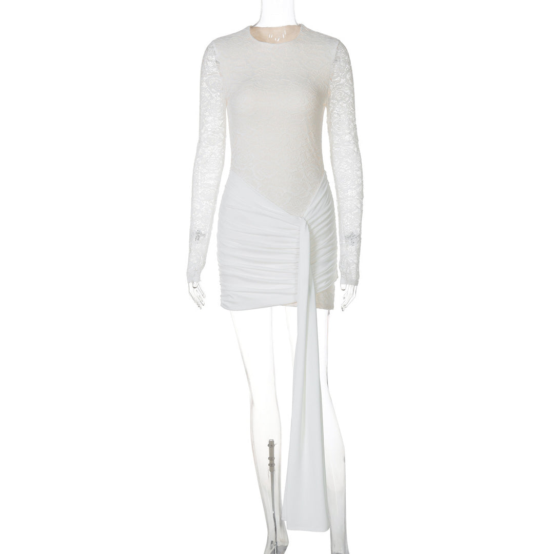 Dame Elegant Minikjole med transparente spidsærmer og raffinerede draperingsdetaljer Stilla
