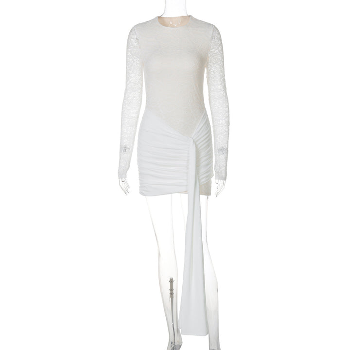 Dame Elegant Minikjole med transparente spidsærmer og raffinerede draperingsdetaljer Stilla