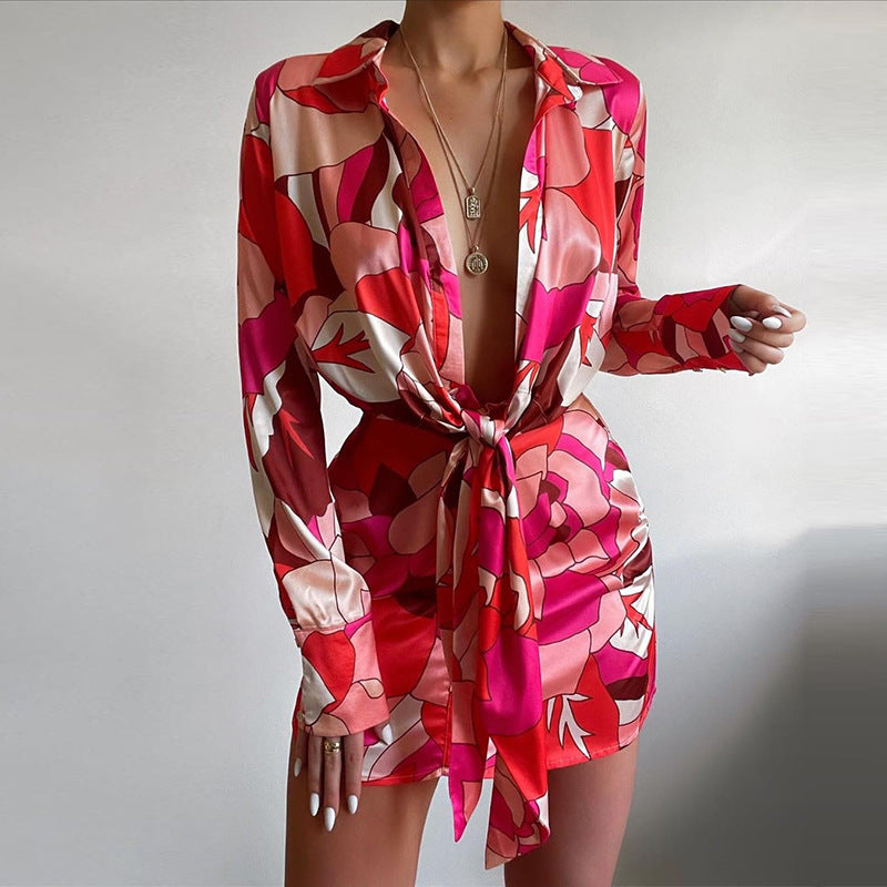 Dame Elegant Wrap Kjole med blomsterdesign og lange ærmer Stilla