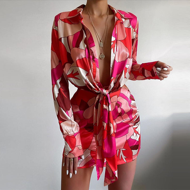 Dame Elegant Wrap Kjole med blomsterdesign og lange ærmer Stilla