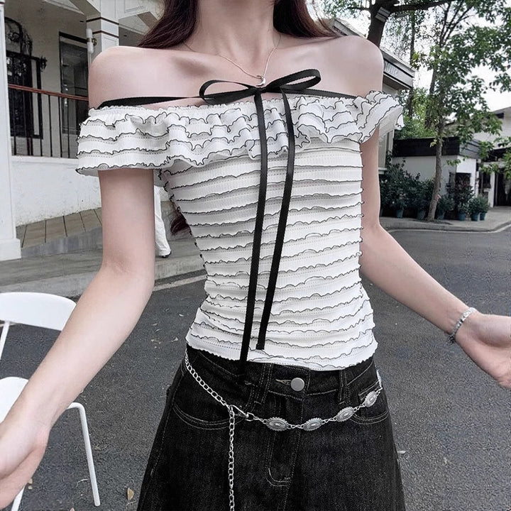 Dame Offshoulder-bluse med elegant bølgemønster Skovae