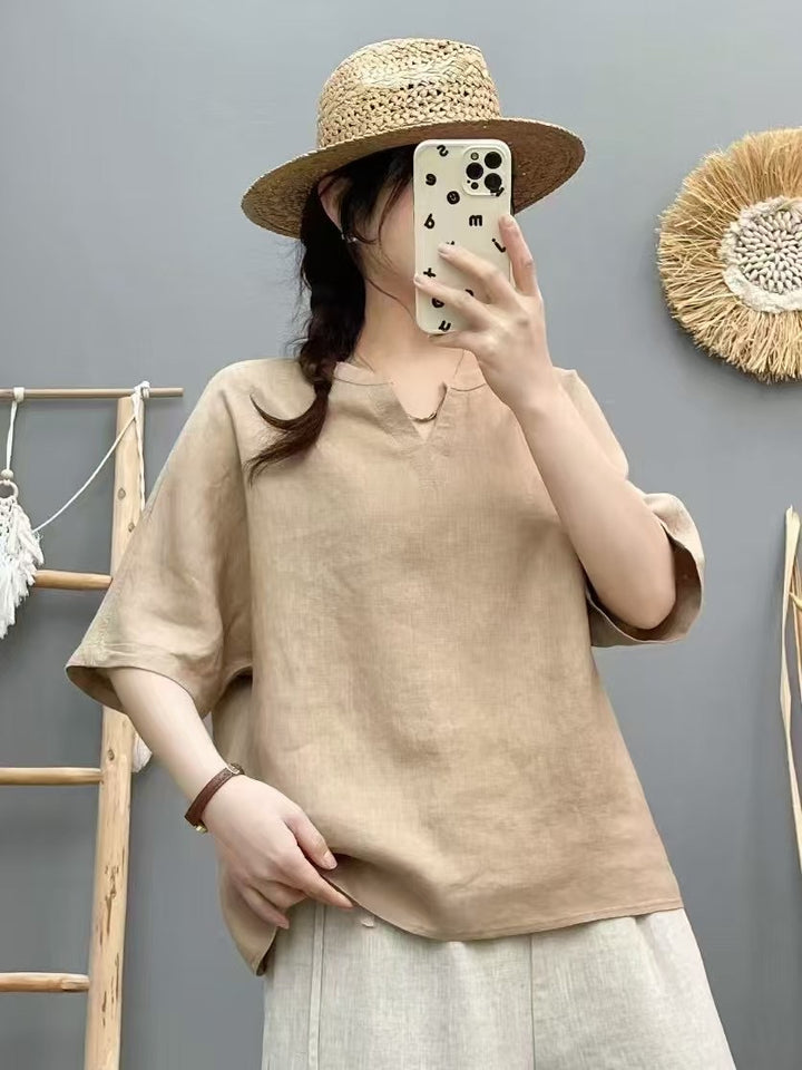 Femme Let V-Udskæring Linned Top Stilla