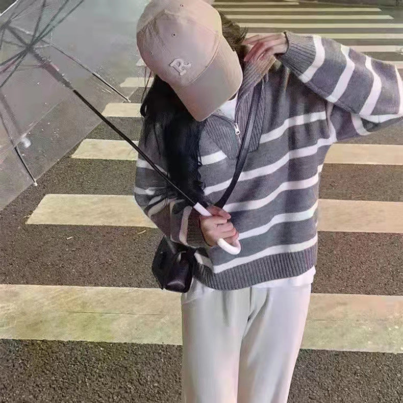 Femme Stilfuld Stribet Halv-Zip Striktrøje Stilla