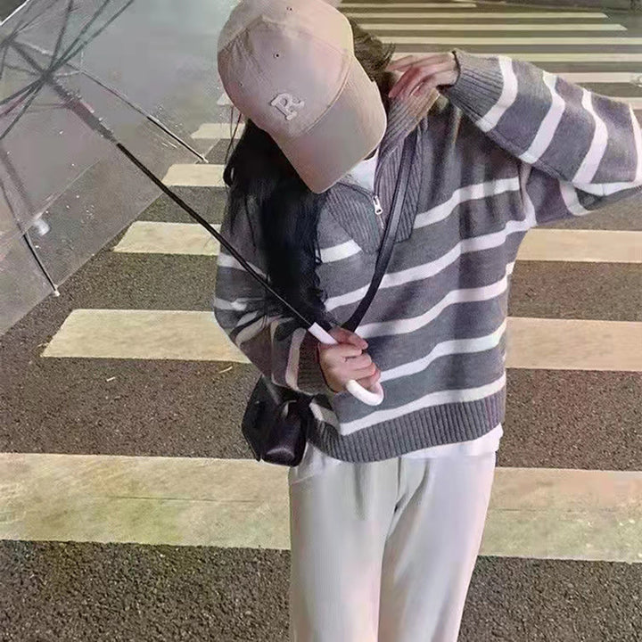Femme Stilfuld Stribet Halv-Zip Striktrøje Stilla