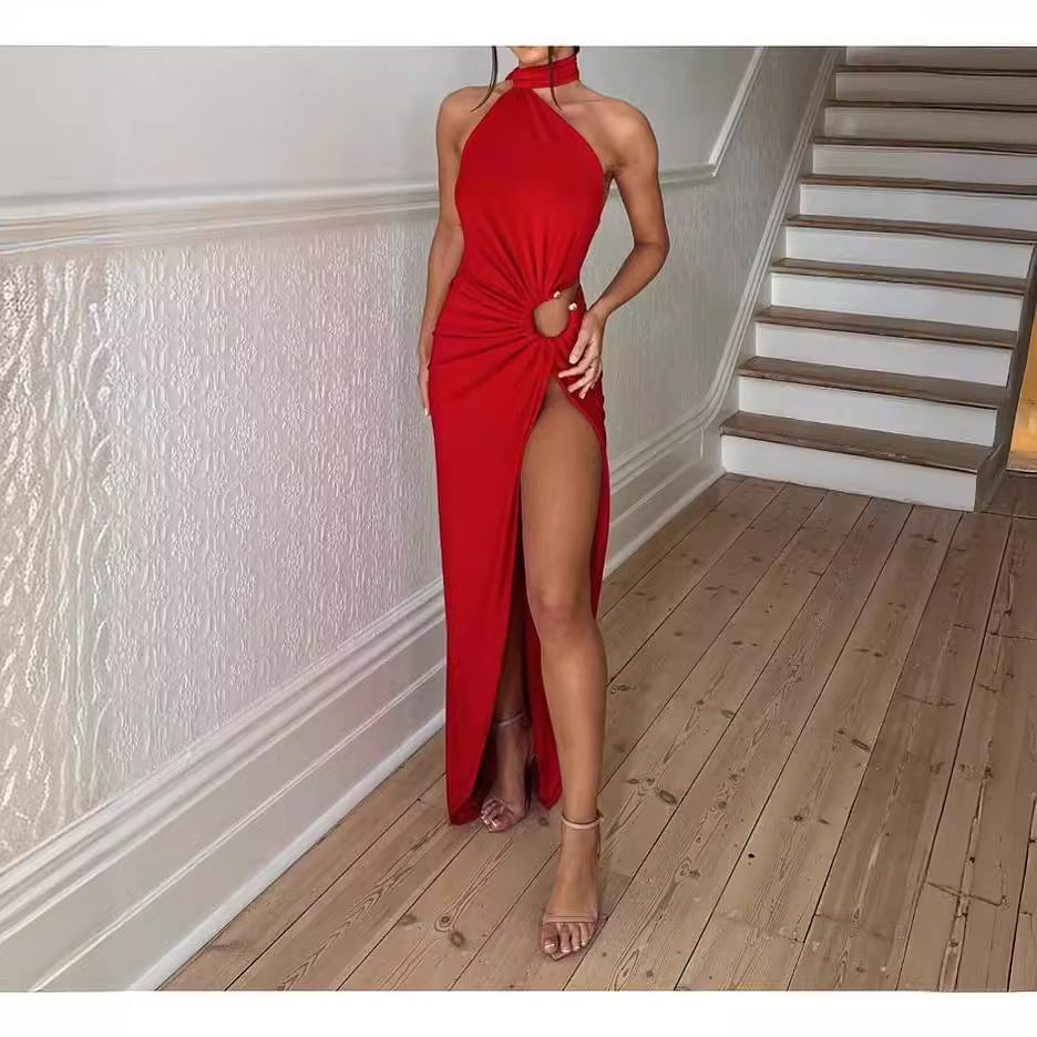 Damer Elegant Maxi Kjole med Spændende Slids og Forførelse Halterneck Skovae