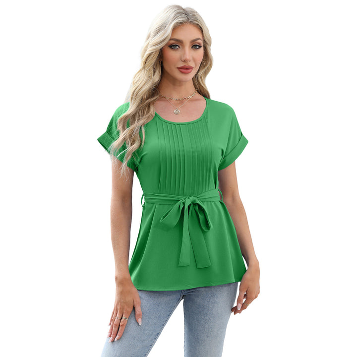 Dame elegant bluse med talje bælte og folder Stilla