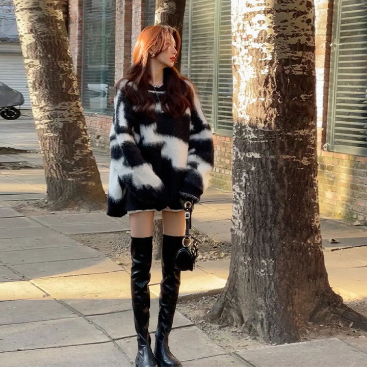 Femme Cozy Oversized Abstrakt Mønster Strikpullover Stilla