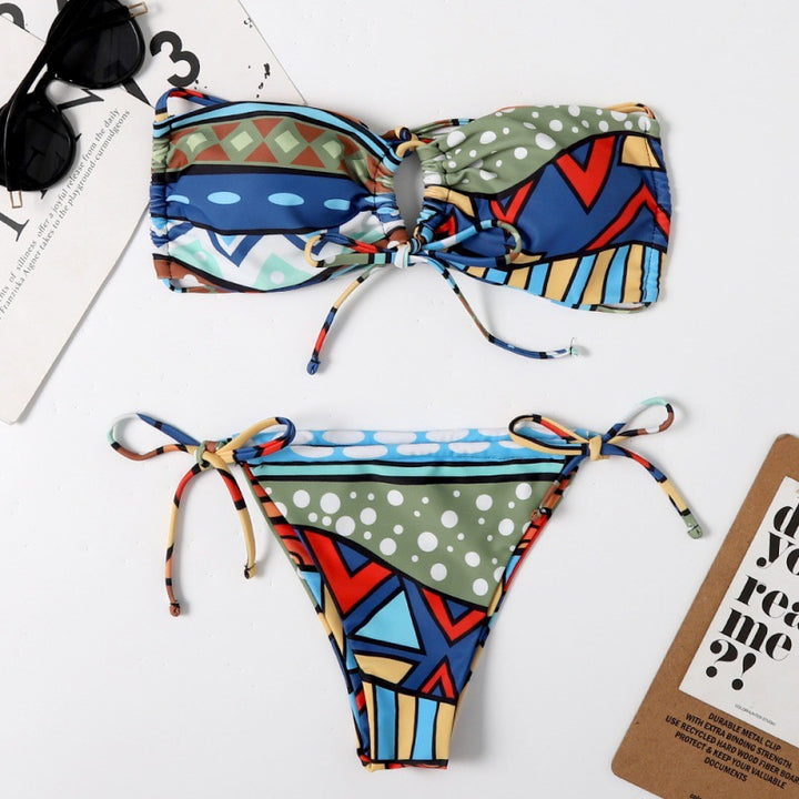 Dame Bandeau-Bikini med spændende mønstermix og justerbare stropper Skovae