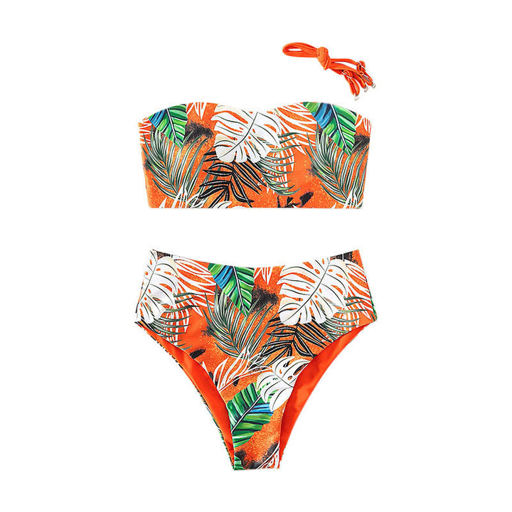 Dame bandeau-bikini med livligt tropemønster og høj taljeskæring Skovae