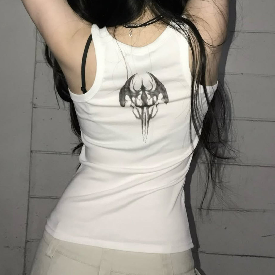 Dame Trendy Oversized Tanktop med iøjnefaldende grafisk tryk og flæser Skovae