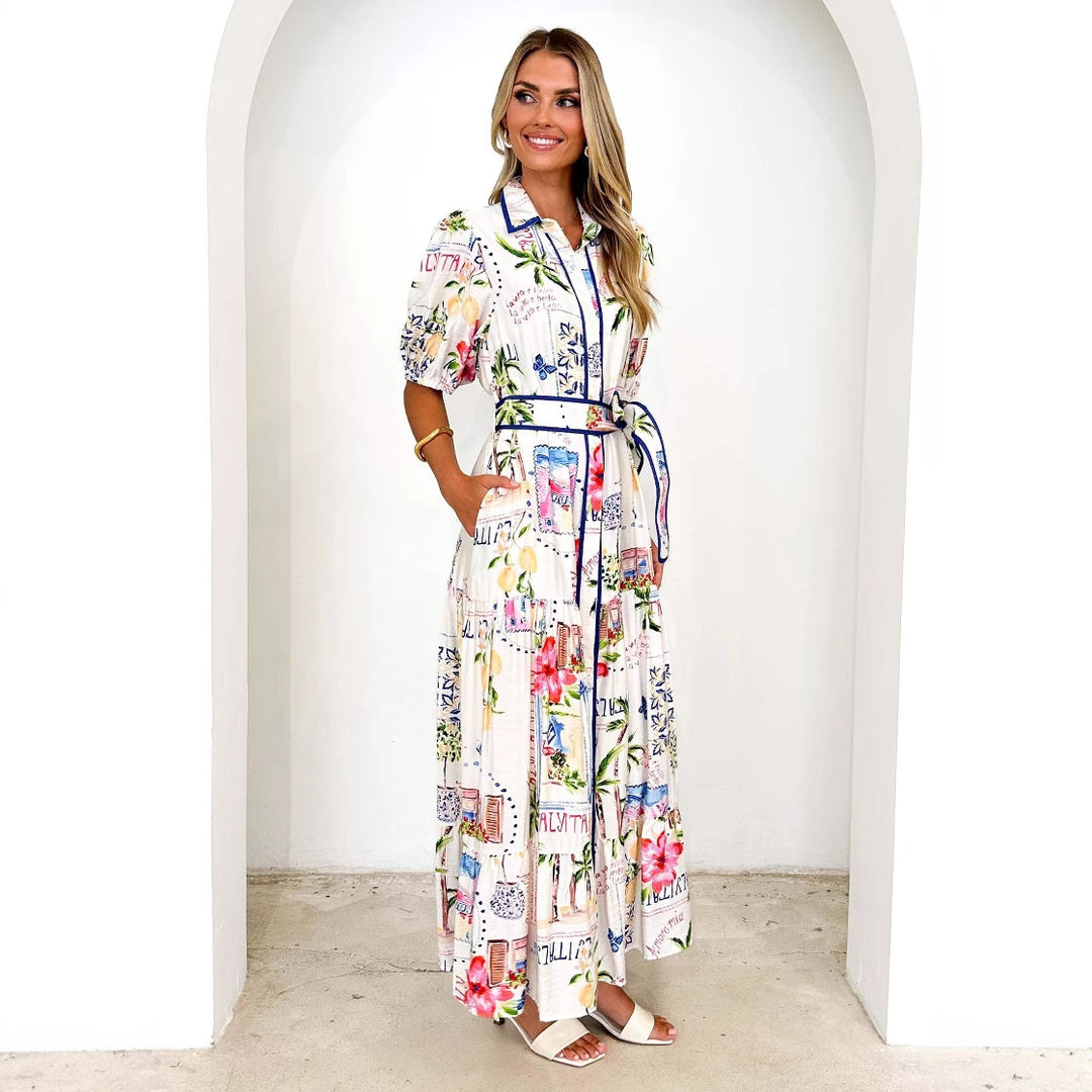 Dame luftige maxikjoler med blomster grafisk design og praktiske lommer