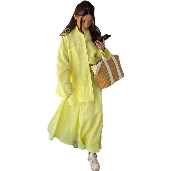 Dame let linned bluse med figursyet overshirt og flydende maxiskørt Stilla