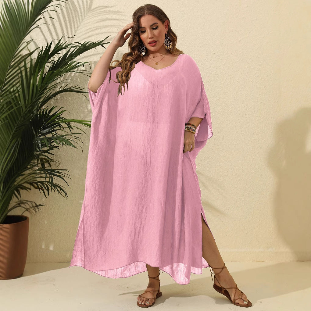 Dame sommerkjole i afslappet kaftan-stil med åben skulderparti Stilla