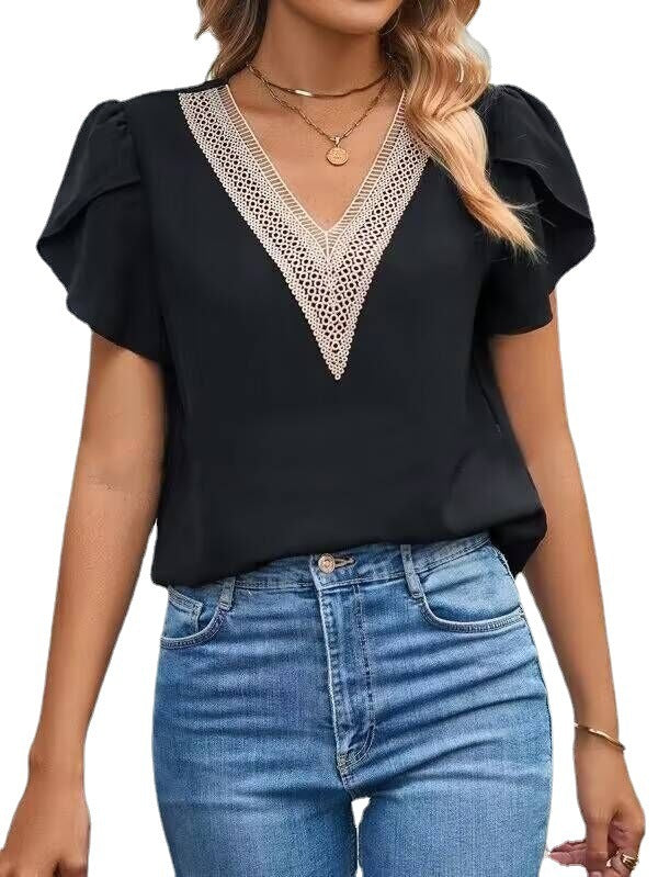 Dame elegant V-hals bluse med flæseærmer Stilla