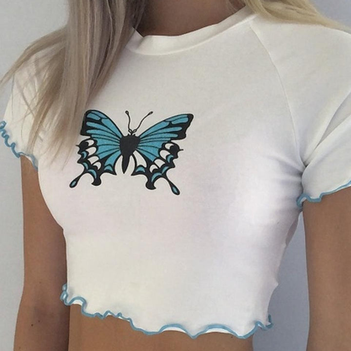 Dame Crop-Top med kreativ sommerfugletryk og bølget kant Skovae