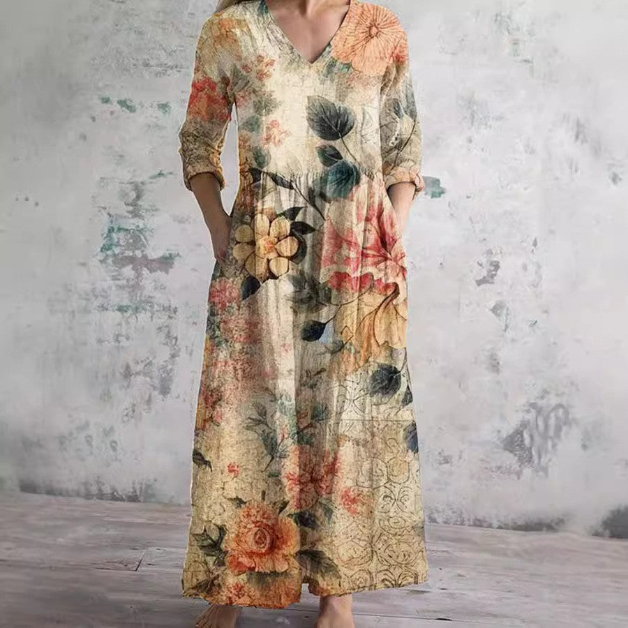 Stilla | Chic Print V-Hals Mellemlang Kjole