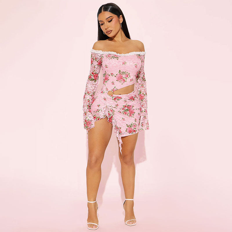 Dame Off-Shoulder Blusekjole med florale accenter og asymmetrisk design Skovae