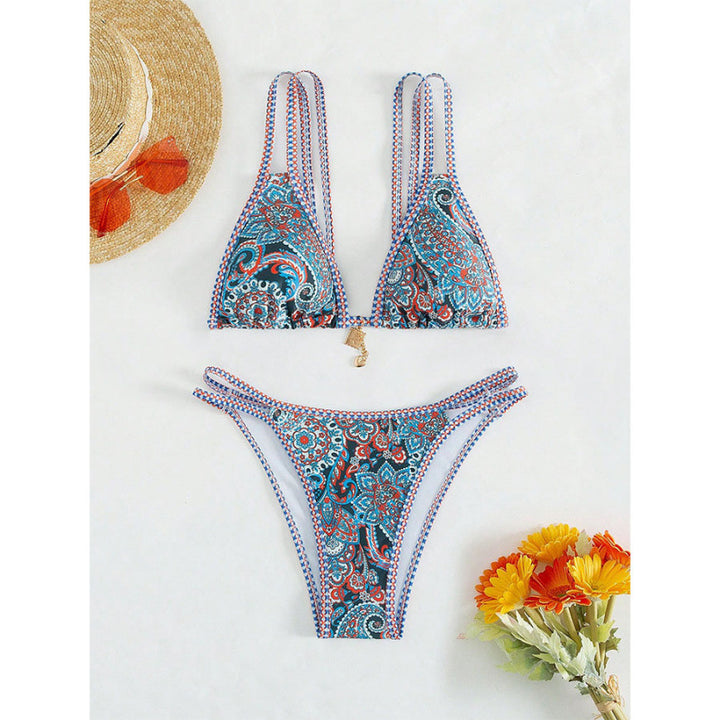 Dame triangel-bikini med raffinerede snøredetaljer og livligt mønster Skovae