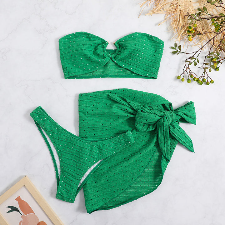 Dame bandeau bikini sæt med justerbar omslag nederdel og innovativ ringdetalje Stilla