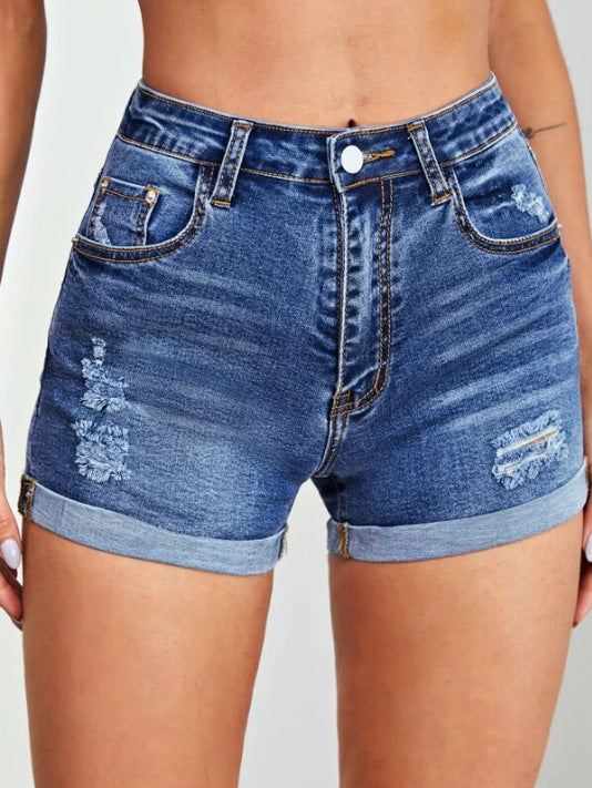 Dame Højtaljede Denim-Shorts med modiske Distressed-effekter og opfoldet kant Stilla