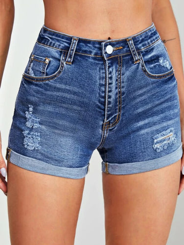 Dame Højtaljede Denim-Shorts med modiske Distressed-effekter og opfoldet kant Stilla