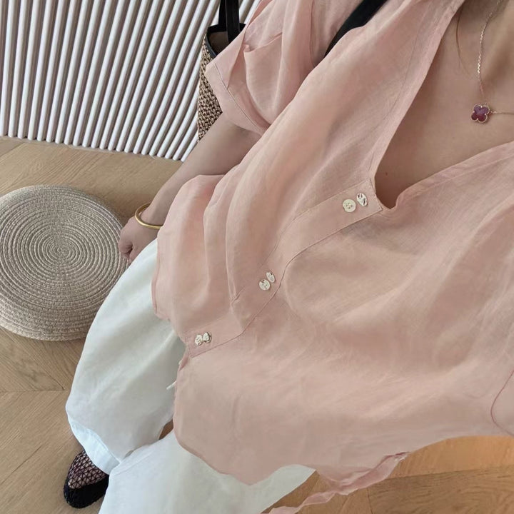 Femme Samtids Korte Ærme Bluse med Knapliste Stilla