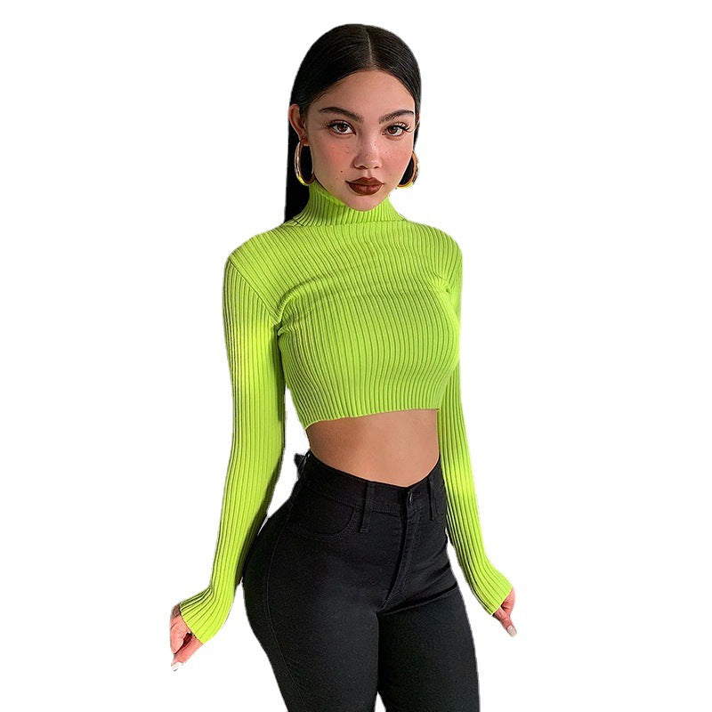 Dame modigt rullekrave-crop-top lavet af fint ribstrik materiale Stilla