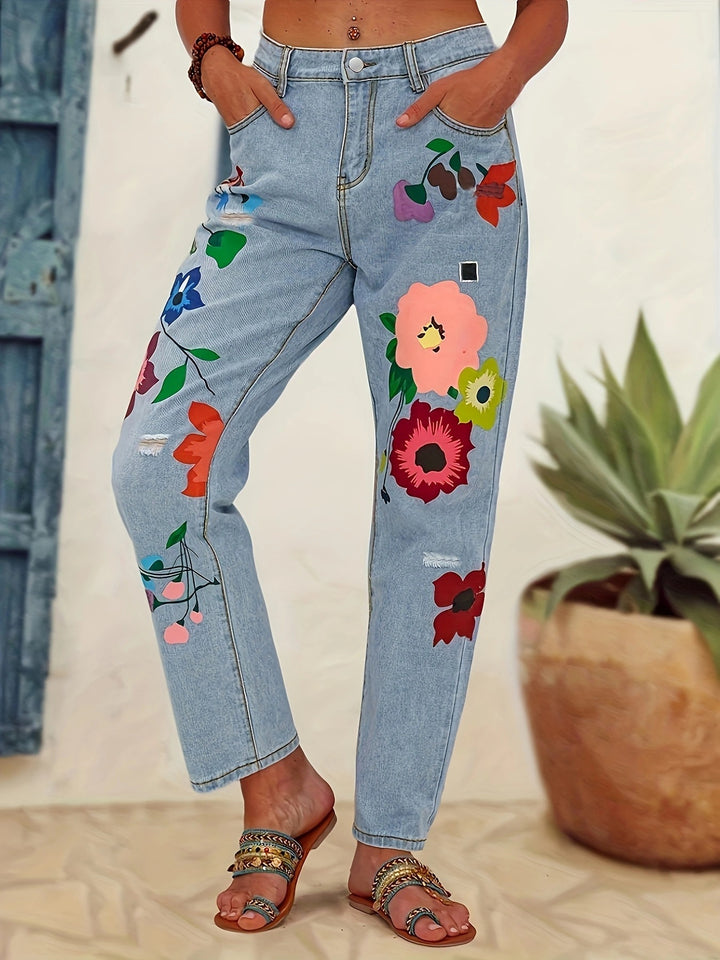Damejeans med blomstret design og fashionable revnedetaljer Stilla