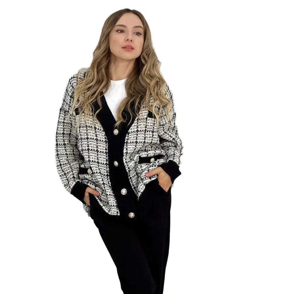 Dame mode cardigan med elegant ternet mønster og lommer Stilla