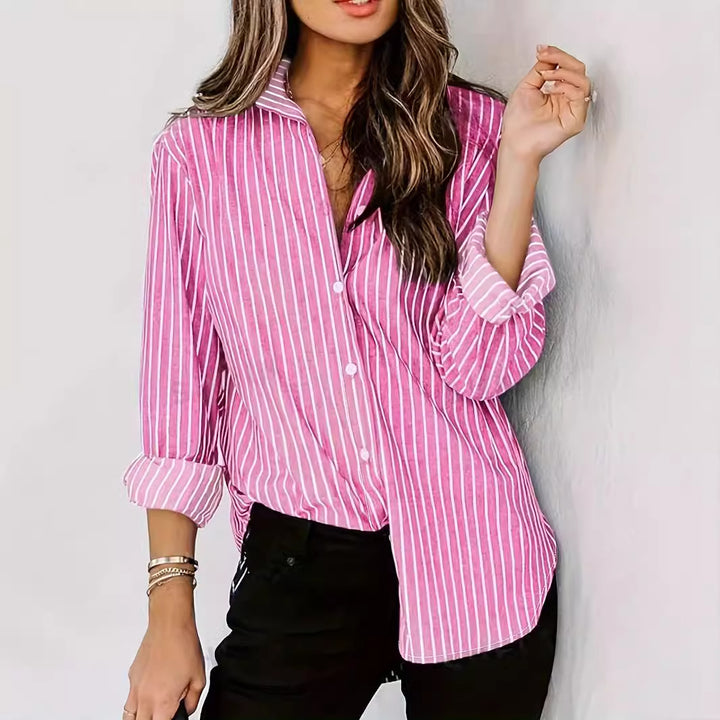 Dame elegant stribet blouse med klassisk krave Stilla
