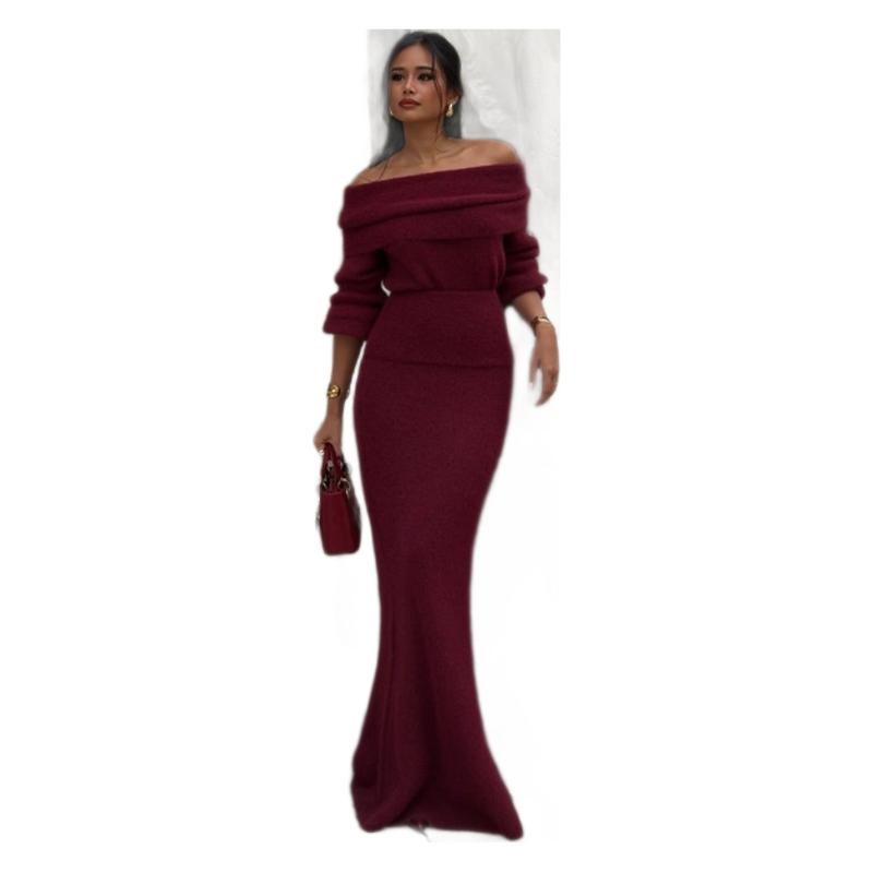 Kvinder Elegant Strikket Maxi Kjole med Off-Shoulder Design og Lange Ærmer Skovae