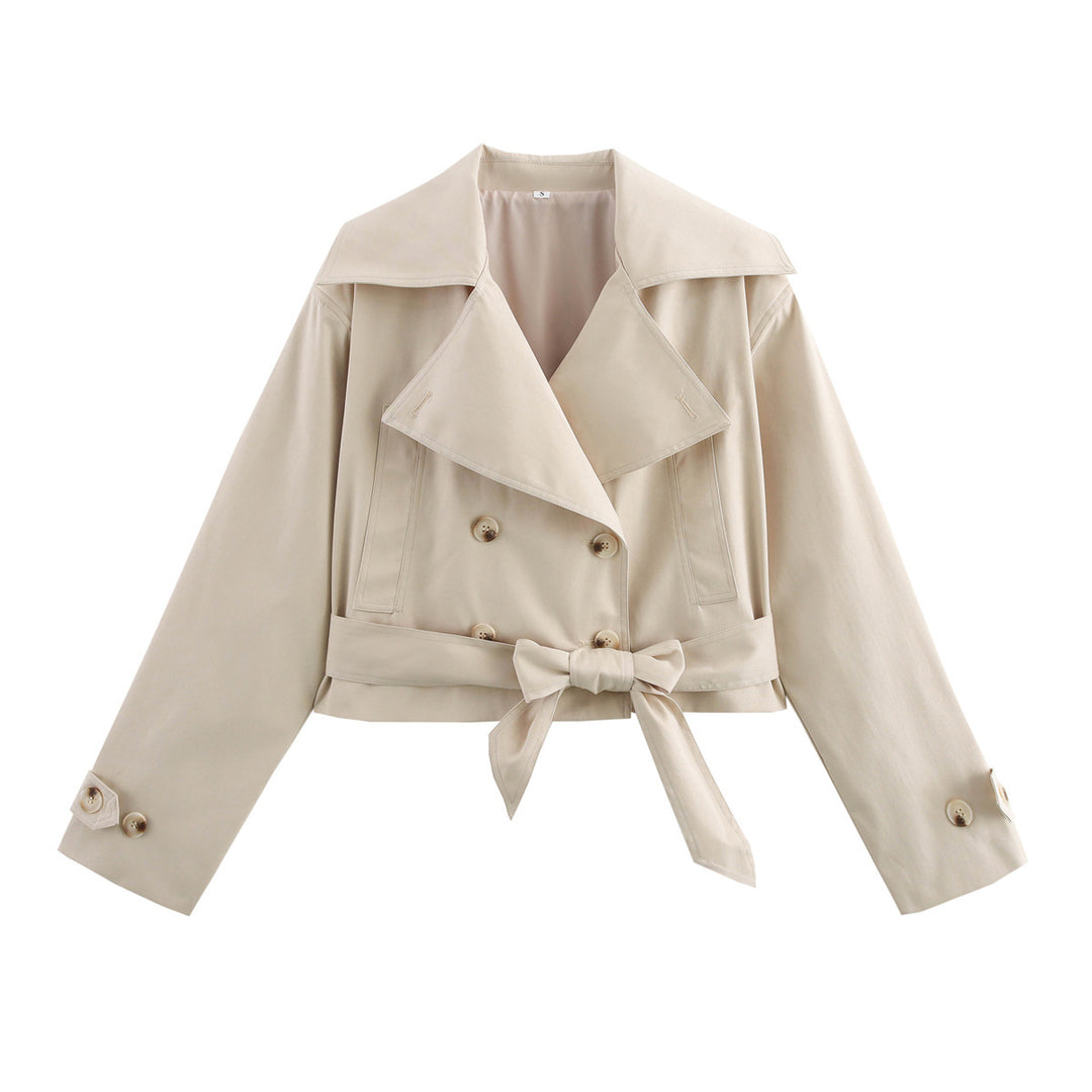 Dame elegant cropped trenchcoat med bred krave og dobbelt knaplukning Stilla