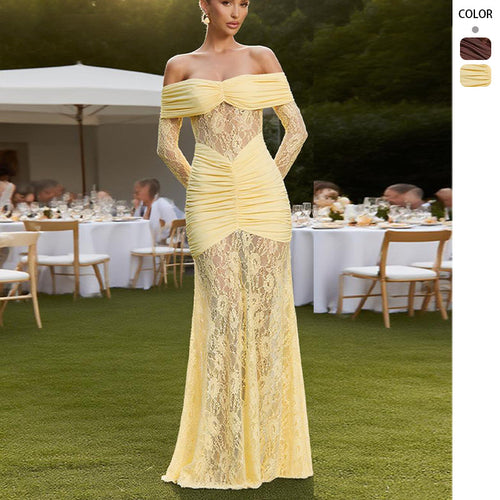 Damer Elegant Blonde Maxi Kjole med Raffinerede Flæsedetaljer og Off Shoulder Stropper Stilla