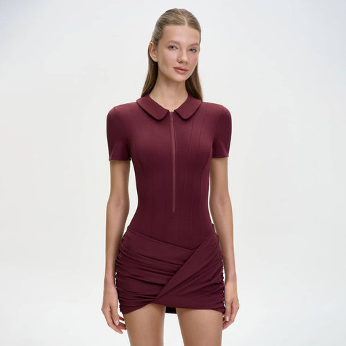 Damen Figurbetontes Minikleid mit Kragen und Reißverschluss Skovae