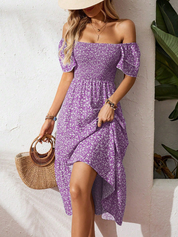Dame Off-Shoulder Maxikjole med blomsterdesign og elastisk overdel Skovae