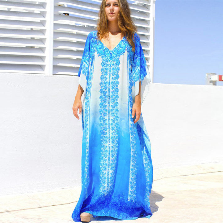 Dame Maxi-Kaftan med kunstnerisk blomsterdesign og elegant V-udskæring Stilla