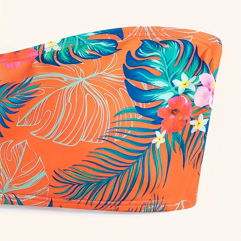 Dame bandeau-bikini med tropisk mønster og elastisk underdel Skovae