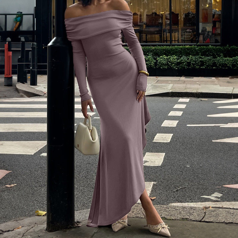Dame elegant Off-Shoulder-maxikjole med asymmetrisk kant og rynkning Stilla