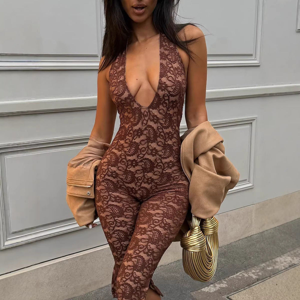 Dame Elegant Spids-Jumpsuit med dyb V-udskæring og sidelommer Skovae
