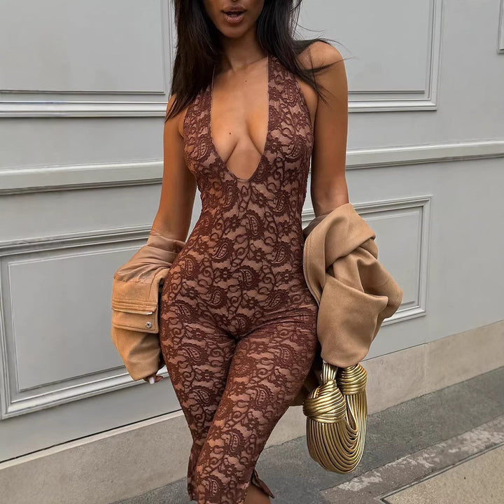 Dame Elegant Spids-Jumpsuit med dyb V-udskæring og sidelommer Skovae