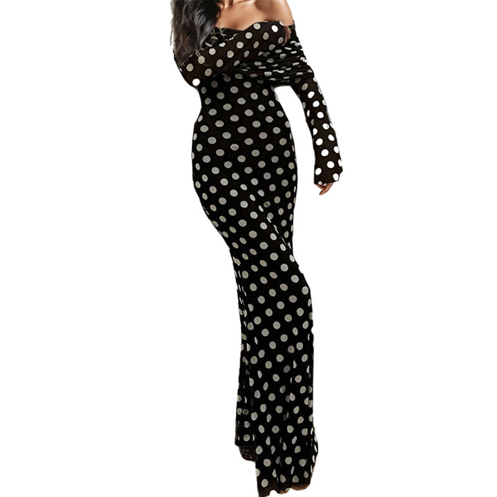 Damer Elegant Maxi Kjole med Off-Shoulder Design og Smart Pungeprik Mønster Stilla