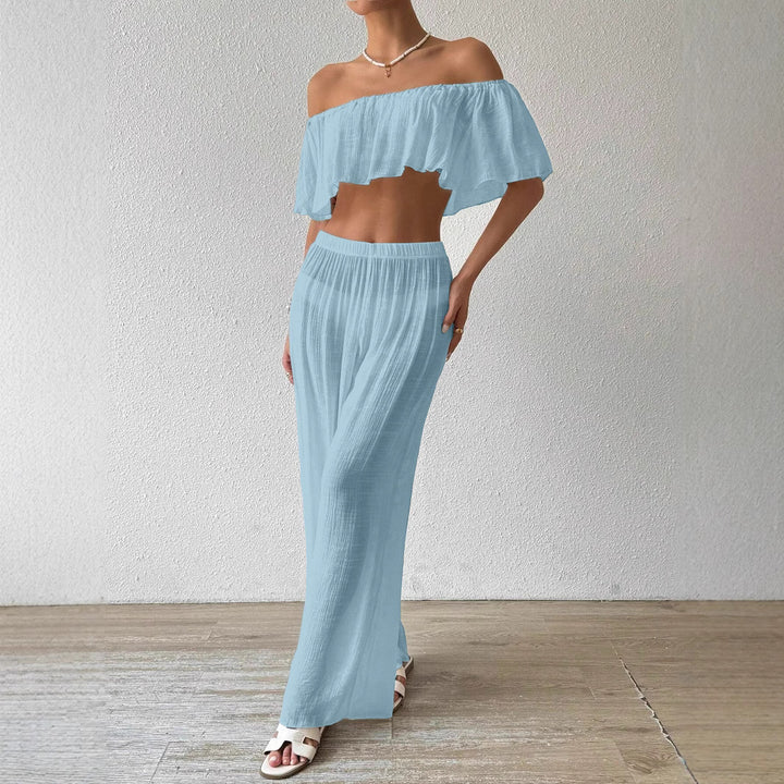 Dame luftig Palazzo-bukser med elastisk talje og off-shoulder bluse Stilla