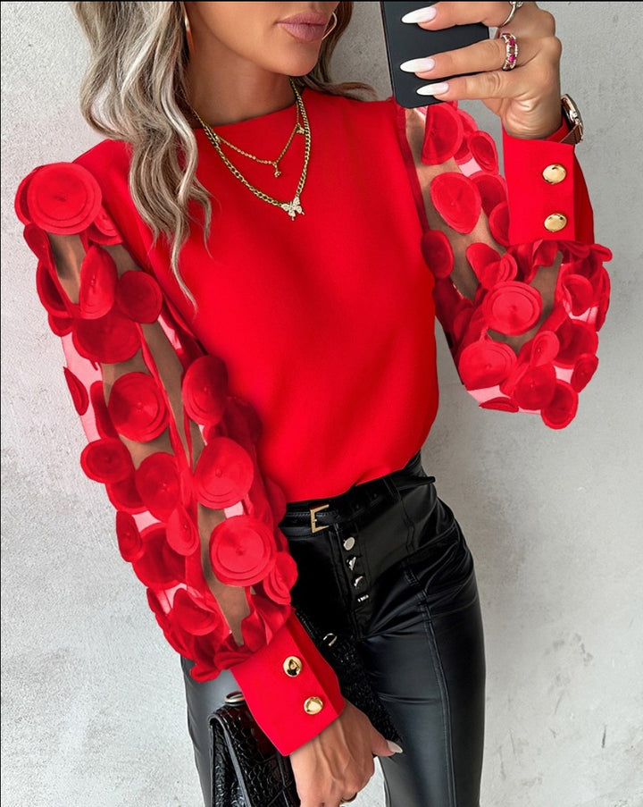 Dame Elegant Bluse med gennemsigtige ærmer og Pompoms Stilla