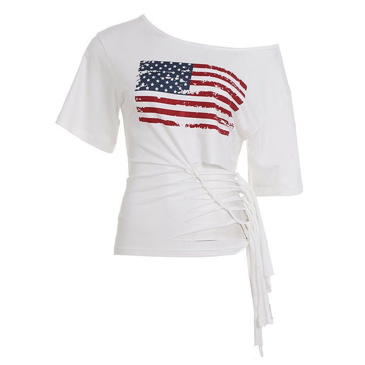 Damer cropped T-shirt med flaggemotiv og legende frynser Skovae