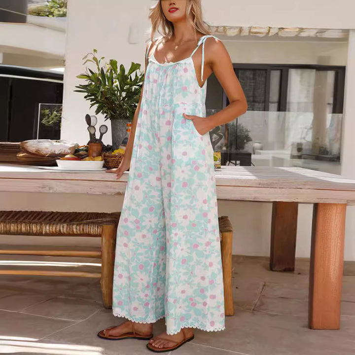 Dame luftig jumpsuit med blomstermønster og justerbare spaghetti-stropper Stilla