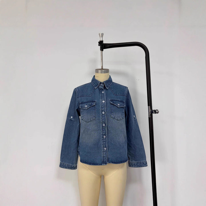 Dame afslappet Denim-bluse med påsatte lommer og let figursyet snit Skovae