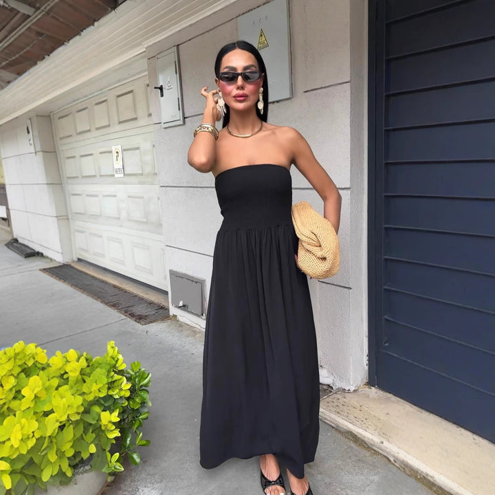 Without straps maxi dress for women with gathered bodice Stilla