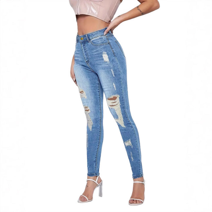 Dame højtaljede skinny jeans med moderigtige revnedetaljer og figurskabende stretch Stilla