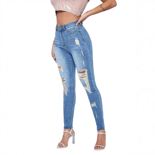Dame højtaljede skinny jeans med moderigtige revnedetaljer og figurskabende stretch Stilla